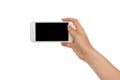 Female hands pointing on blank mobile phone screen