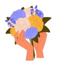 Female hands with posy of colorful flowers. Woman holds elegant bouquet of peony. Beautiful bloom cut plants. Romantic