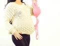 Female hands of pregnant woman holding pink bra Royalty Free Stock Photo