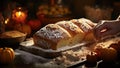 Female hands preparing bread for halloween on table with pumpkins