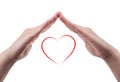 Female hands protecting a heart shape on white background