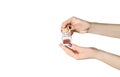 Female hands with purple nail design. Glitter purple nail polish manicure. Woman hands hold saffron spice bottle