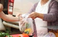 Female hands puts fruits and vegetables into plastic bag