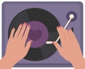 Female hands on retro vinyl record player. Top view Royalty Free Stock Photo