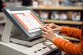 Female hands of a salesperson on a cash register in a store. Making a purchase. Royalty Free Stock Photo