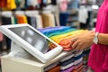 Female hands of a salesperson on a cash register in a store. Making a purchase. Royalty Free Stock Photo