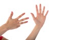 Female hands showing nine fingers isolated on white