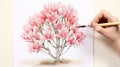 Hyper-realistic Watercolor Illustration Of A Yucca Tree With Azalea Flowers