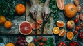 female hands slicing various veggies and fruits, top view