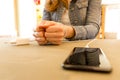 Female hands and smartphone. Woman`s hands trapped and wrapped o Royalty Free Stock Photo