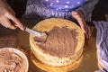 Female hands smeared chocolate cream with a knife.