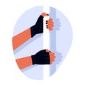 Female hands in sports gloves holding a pylon. Sportswear and hand protection. Equipment for dance, fitness