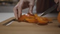 Female hands with a steel knife cutting pepper for salad, concept of healthy vegetarian food. Action. Close up of fresh Royalty Free Stock Photo