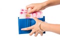 Female taking out Chinese yuan out of wallet Royalty Free Stock Photo