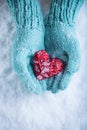 Female hands in teal knitted mittens with a entwined vintage romantic heart on a snow background. Love and St. Valentine concept Royalty Free Stock Photo