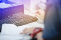 Female hands typing keyboard for input data Royalty Free Stock Photo