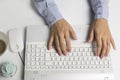 Female hands typing on keyboard, white computer Royalty Free Stock Photo