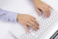 Female hands typing on keyboard, white computer Royalty Free Stock Photo