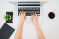 Female hands typing on a laptop keyboard.