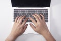 Female hands typing on a laptop keyboard. White background. Royalty Free Stock Photo