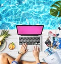 Female Hands Typing Macbook Poolside Concept Royalty Free Stock Photo