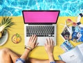 Female Hands Typing Macbook Poolside Concept Royalty Free Stock Photo