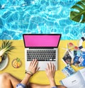 Female Hands Typing Macbook Poolside Concept Royalty Free Stock Photo