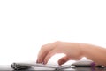 Female hands typing on white computer keyboard Royalty Free Stock Photo