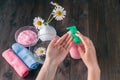 Female hands using dispenser with liquid soap Royalty Free Stock Photo