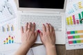 Female hands using laptop with business graphs. Royalty Free Stock Photo