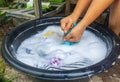 female hands washing clothes in basin. wash clothing by hand with detergent.