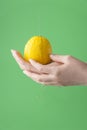 Female hands washing lemon on the green saturated background. Concept of the importance of washing fruits