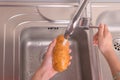 Female hands washing potato with hand under running water in sink in the kitchen Royalty Free Stock Photo