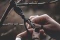 Female hands weaving a macrame braid on a tree