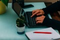 Female hands working in the computer with a red pen, a notebook and a cactus.Selective focus Royalty Free Stock Photo