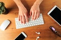Female hands working with modern white keyboard and mouse on wooden background, top view  - Image Royalty Free Stock Photo