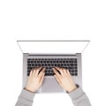 Female hands working on new laptop isolated on white background Royalty Free Stock Photo