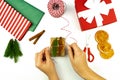 Female hands are wrapping a christmas gift. Christmas present wrapping background Royalty Free Stock Photo