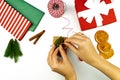Female hands are wrapping a christmas gift. Christmas present wrapping background Royalty Free Stock Photo