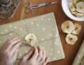 Female hands wrapping Christmas present Royalty Free Stock Photo