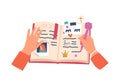 Female Hands Writing Notes, Share with Diary Stories and Life Doings. Girl Character Palms Drawing and Write in Notepad