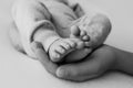 Female hands of young mother holding her newborn baby feet, closeup image with blur baby in background Royalty Free Stock Photo