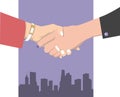 Female handshake. Flat design. Two business women in red and bl