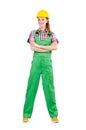 Female handyman in overalls isolated on the white