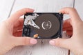 Female with a hard disk HDD in the hands Royalty Free Stock Photo