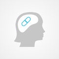 Female head and pill icon. Concept of medication, pharmacy. Vector illustration, flat design