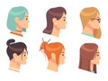 Female head profile. Cartoon woman portraits. Girls with different hairstyles and accessories. Haircuts template for Royalty Free Stock Photo