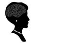 Female head profile silhouette with printed circuit board brain, black and white artificial intellect concept, vector