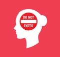 Female head silhouette with do not enter sign, women's rights, teenage girl problems, do not disturb sign. Vector