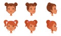 Female Heads Set, Cheerful Girls Characters with Various Hairstyles, Frontal, Profile, Three Quarter Turn View Cartoon